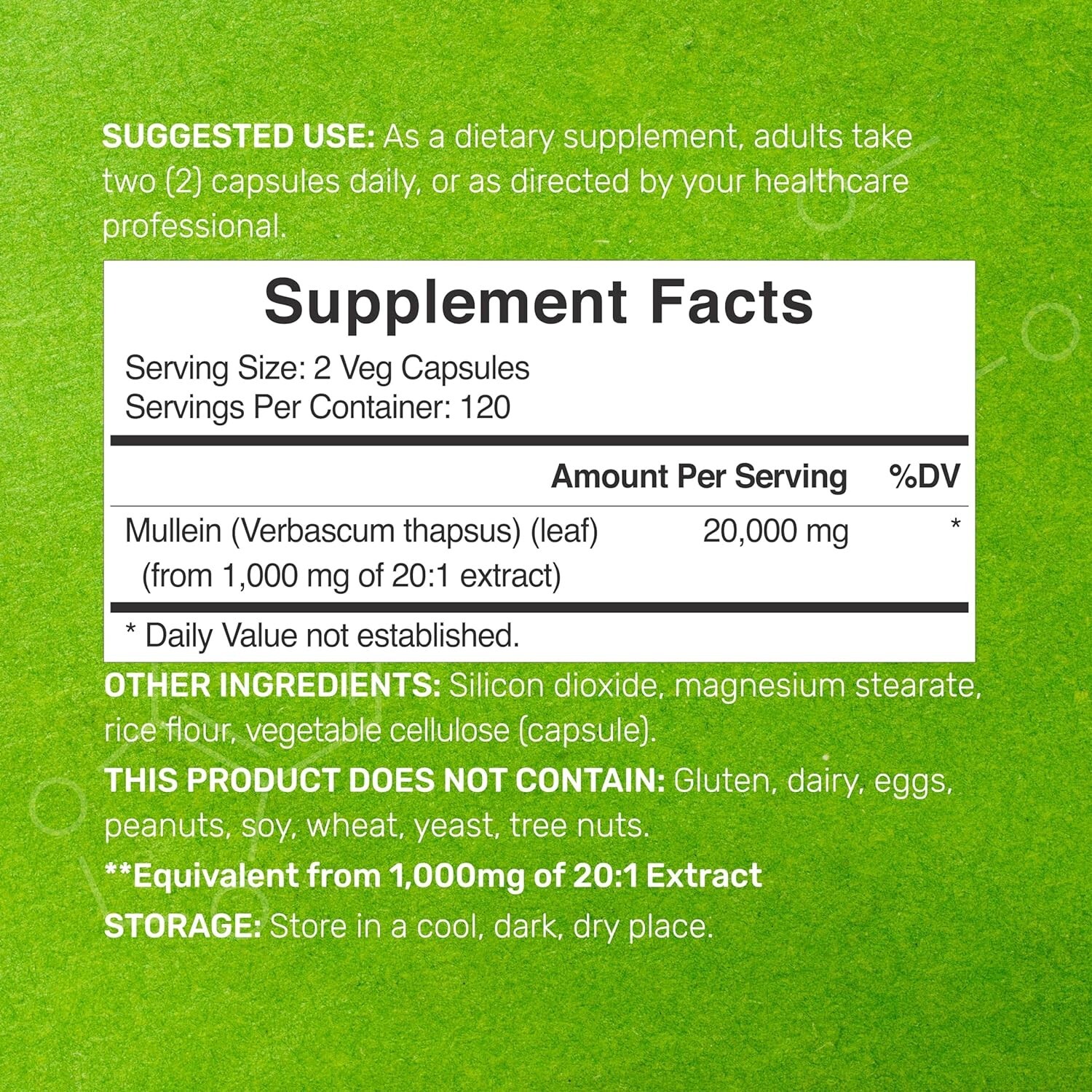 Mullein Leaf 20,000mg 240 Veggie Caps Non-GMO/Vegan