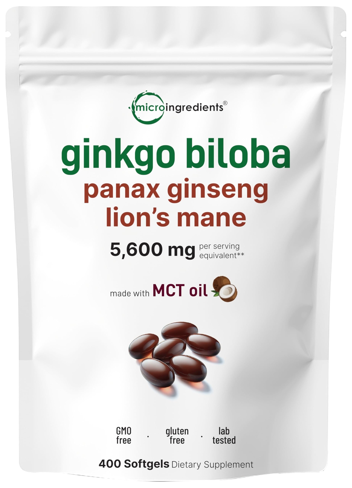 Ginkgo Biloba 5600mg w/ Ginseng & Lions Mane Brain & Memory Support 400 Sofgels