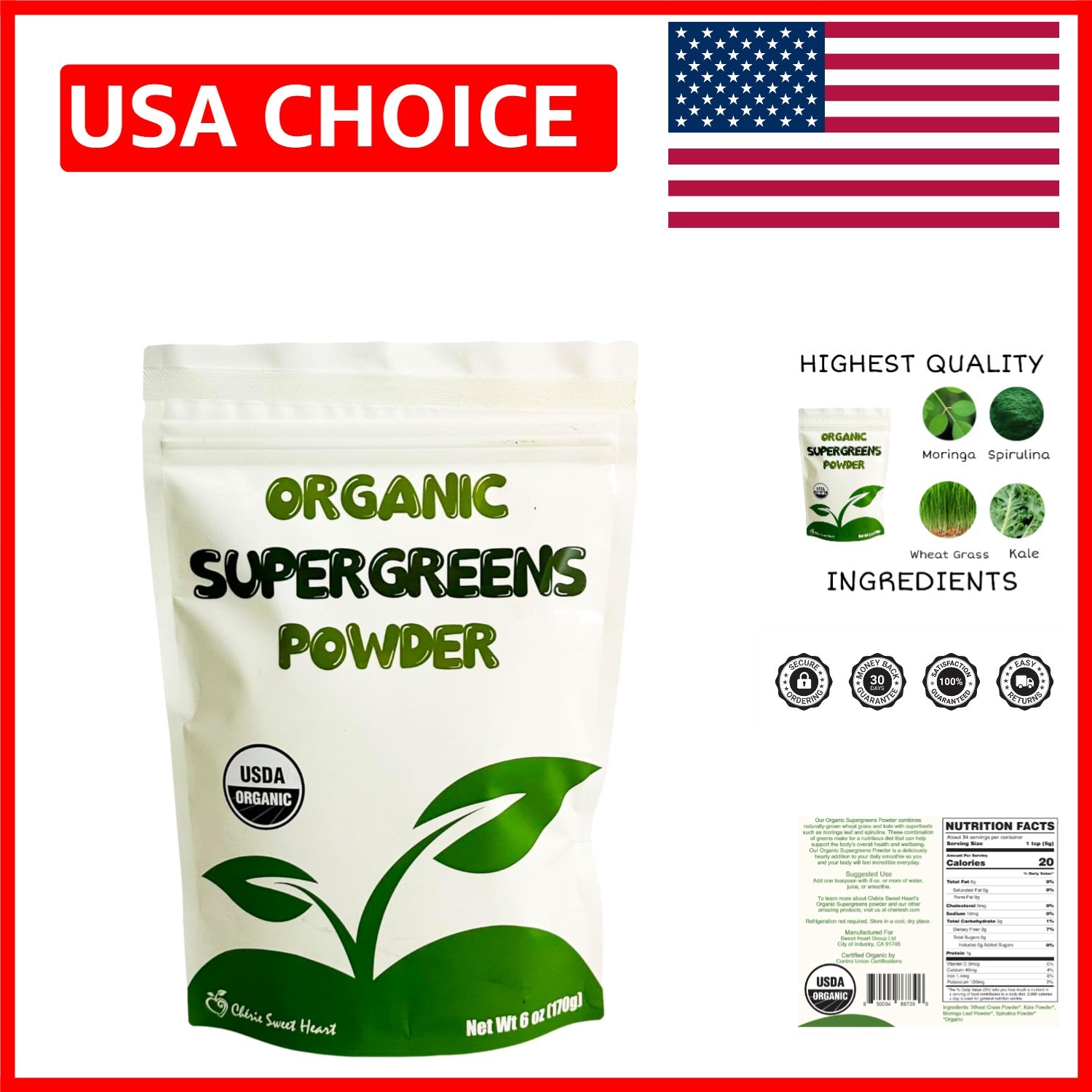 Cherie Sweet Heart Super Greens Powder – Spirulina & Moringa Blend – 34 Servings