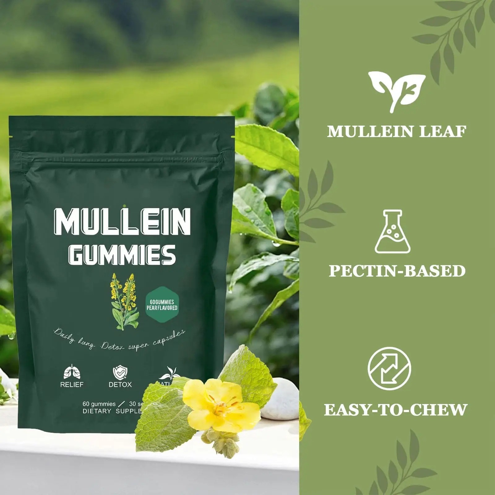 60Count Mullein Gummies For Lung Cleanse 2000mg Organic Mullein Leaf Extract NEW