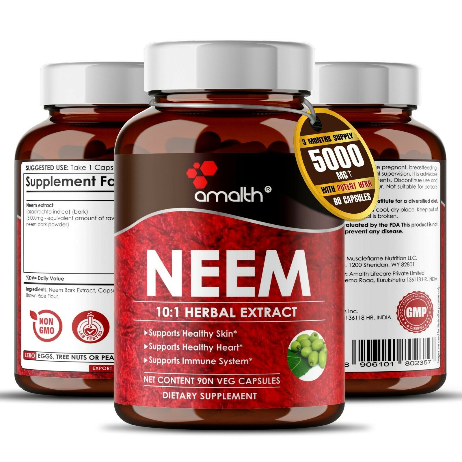 Neem Azadirachta Indica Extract Powder 5000mg Capsules – 90 Count – Immunity