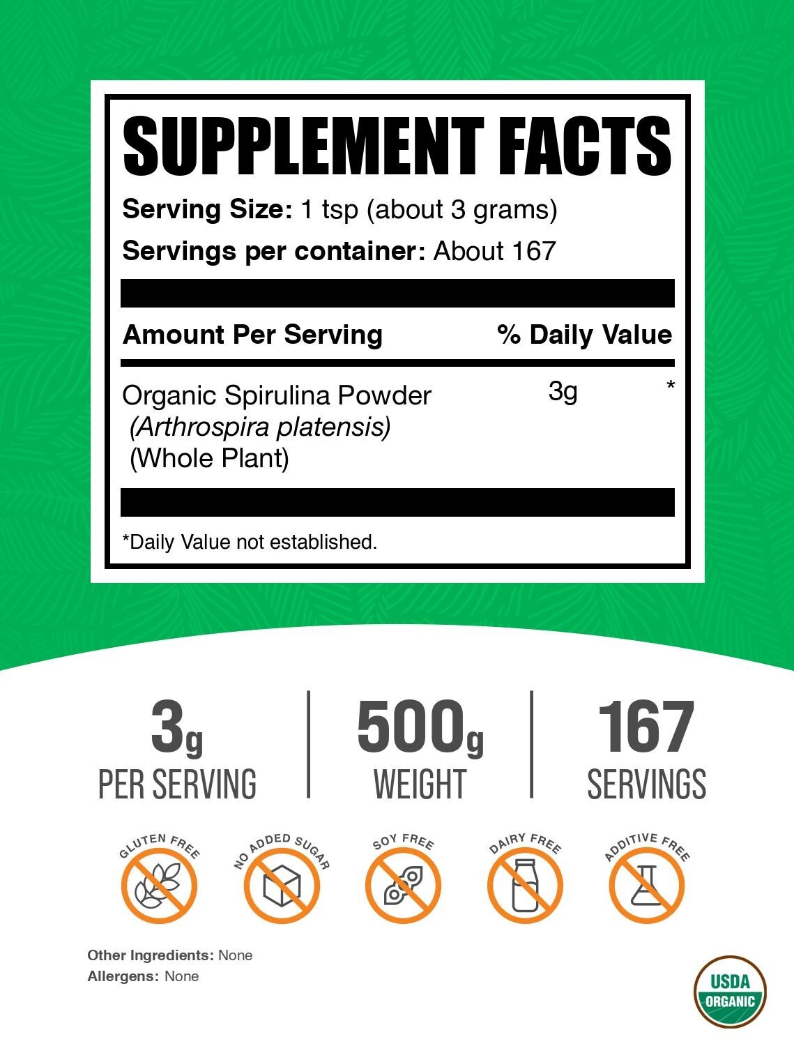 BulkSupplements Organic Spirulina Powder 500g – 3g Servings – Vegan, Gluten-Free