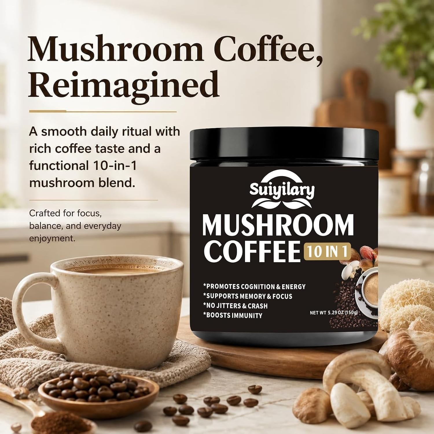 Mushroom Coffee, 10 Mushroom Extract Powder Blend Lion’S Mane, Reishi, Chaga, Co