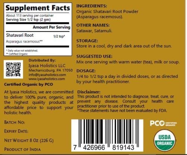 Organic Shatavari Root Powder 8oz – USDA Ayurveda Herb for Women’s Daily Ritu…