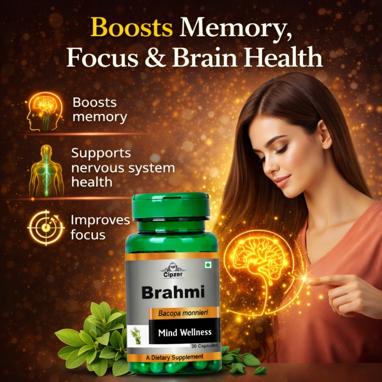 Cipzer Brahmi 60 Capsule | Stress Reducer, Improve Mental Health, Better Sleep