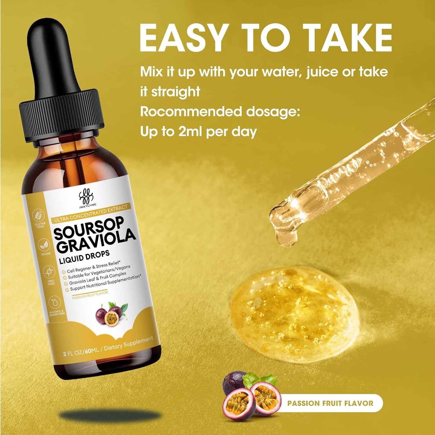 Passion Fruit Flavor Soursop Graviola Liquid Drops – Antioxidant Rich 2 Fl Oz