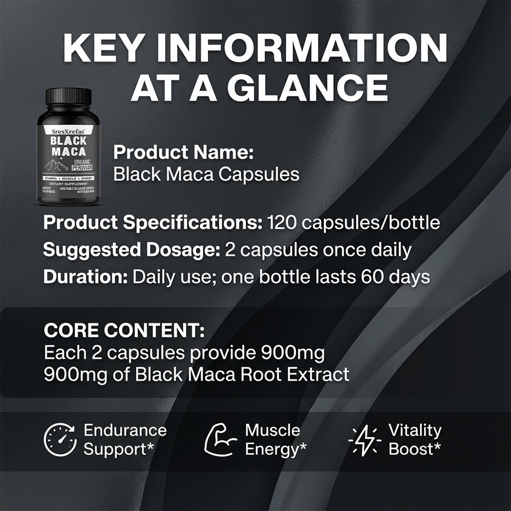 SresXrefas Organic Peruvian Black Maca 120Capsules Stamina Muscle Energy Support