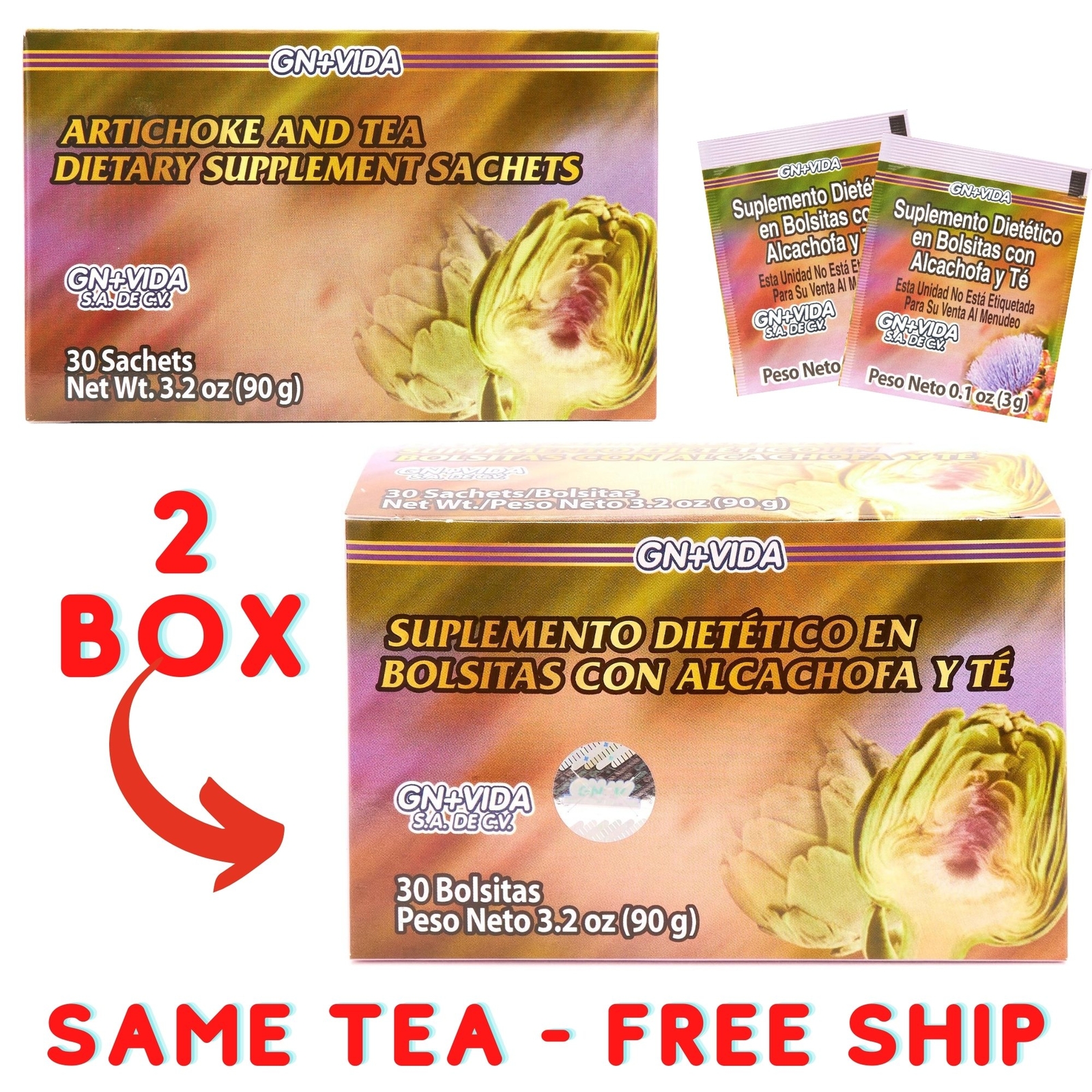 2 Te de Alcachofa Detox Tea GN+Vida ORIGINAL Artichoke Green Tea and More 60 DAY