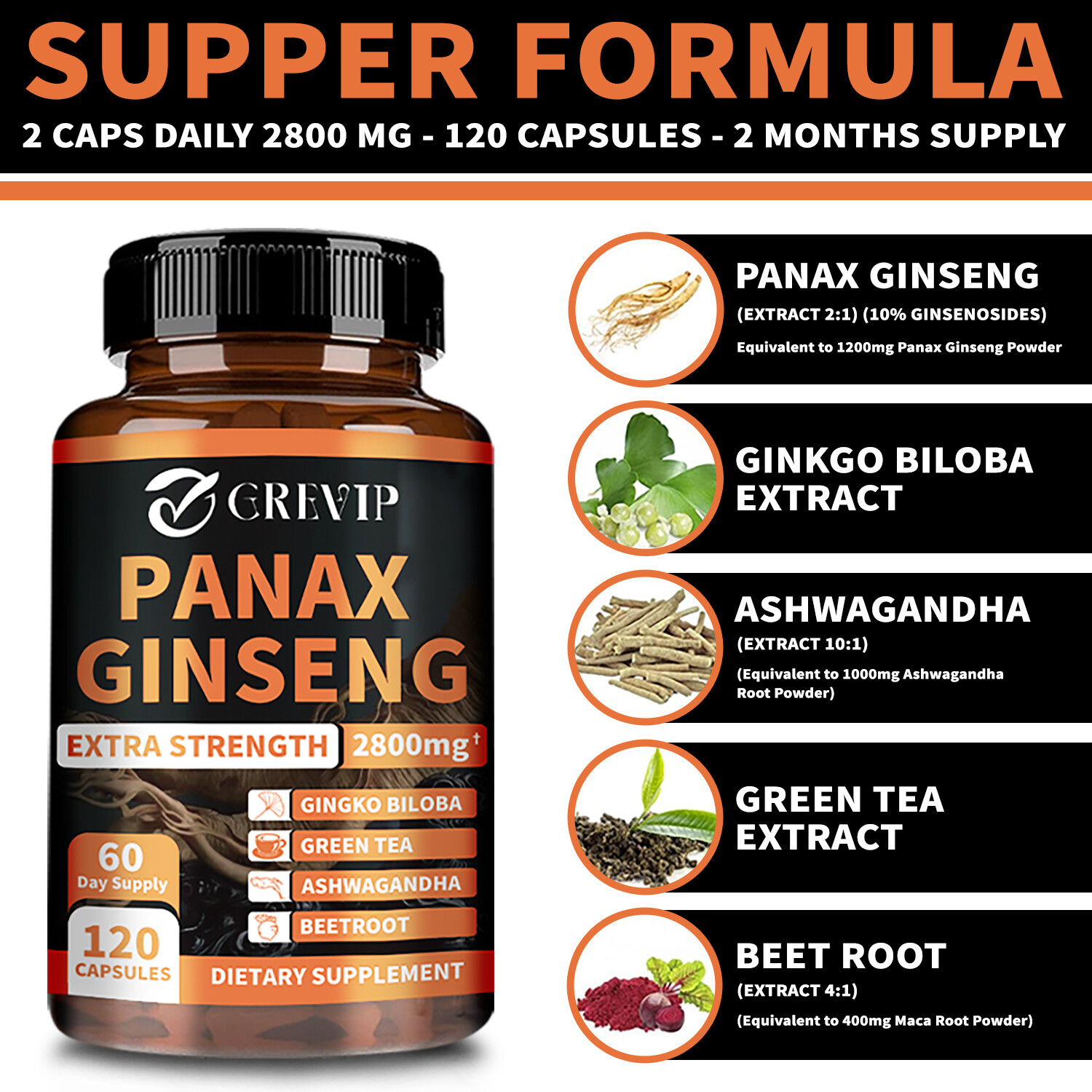 Panax Ginseng 2800mg – Ginkgo Biloba – for Memory Focus Brain & Muscle Health