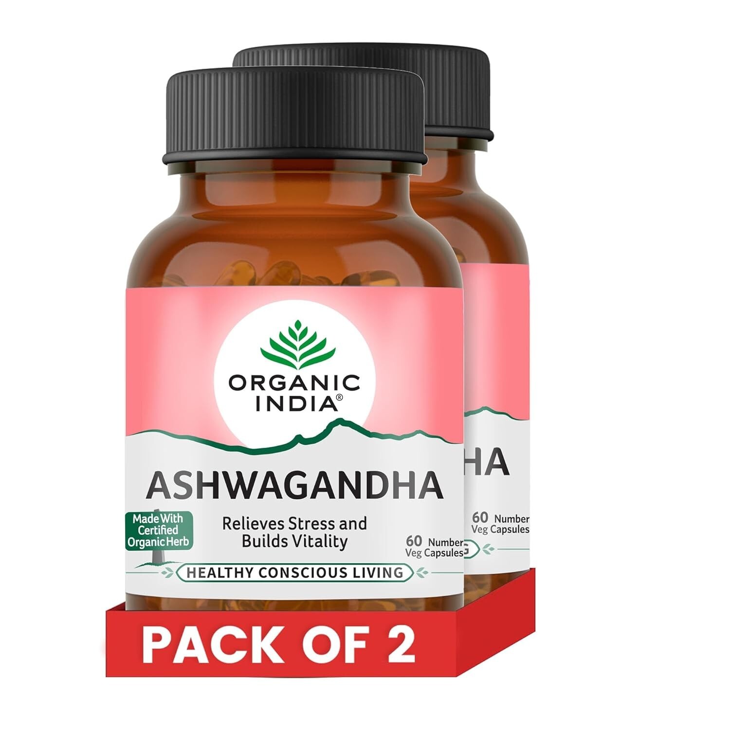 Organic Pure Ashwagandha Root Capsules For Vitality,& Relieves stress PACK OF 2.