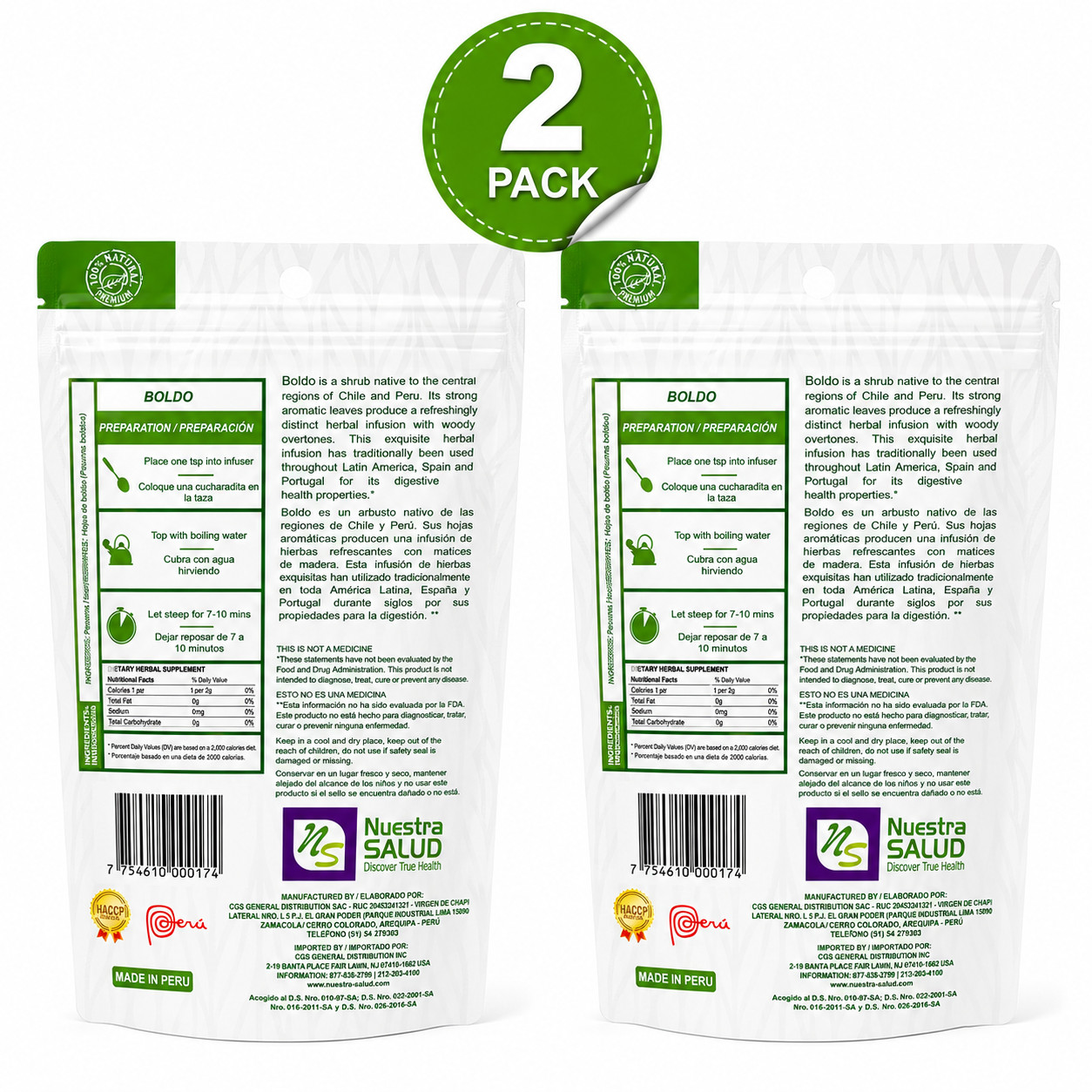 2 Pack Boldo 100% Natural Herbal Tea Nuestra Salud / 60 g Total
