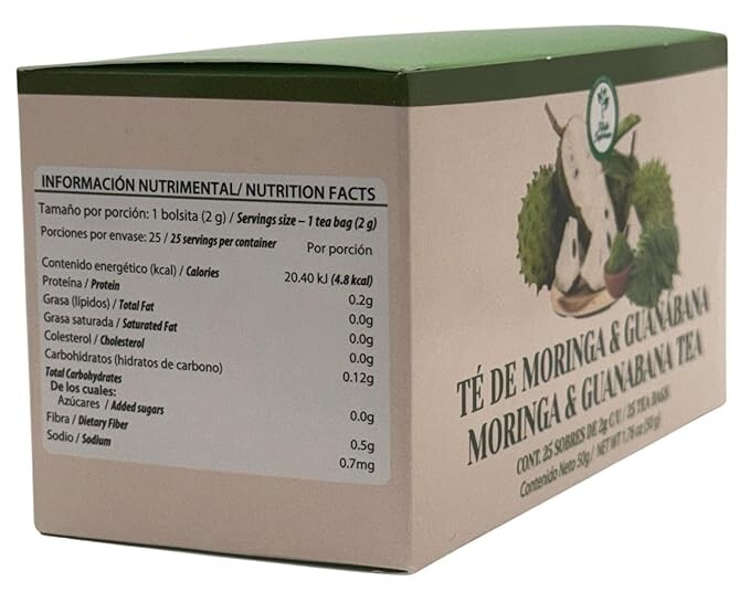 Moringa y guanabana te (té de moringa y guanábana) 25 bolsitas de té, veganas,