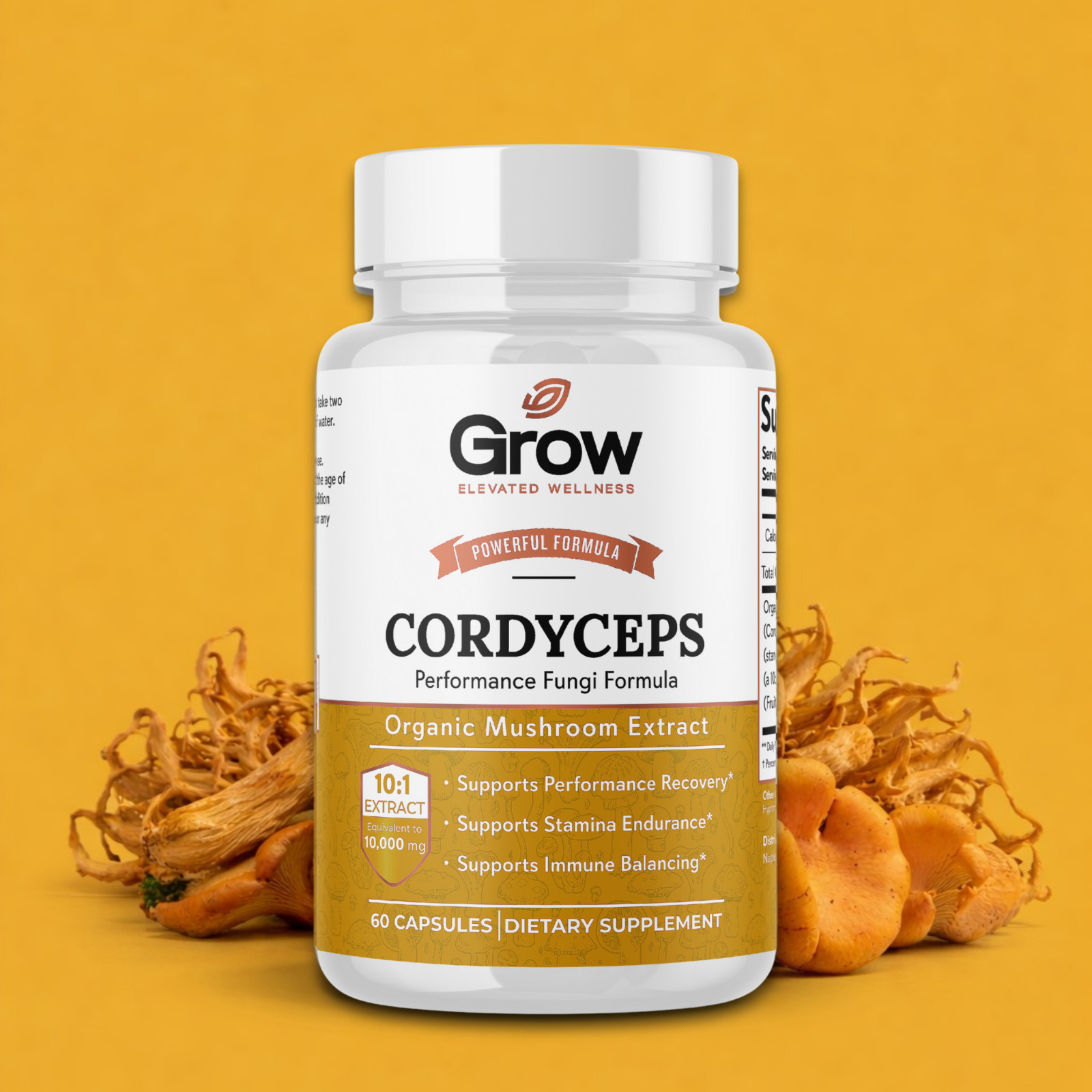 Grow Cordyceps Mushroom Extract Capsules 10:1 | Energy Endurance | 60 Ct