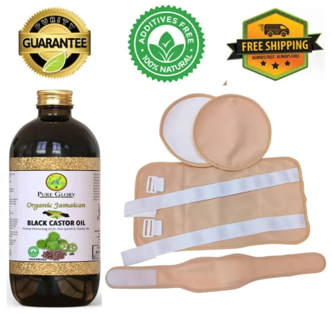 Castor Oil Pack 4 piece (Organic Cotton) with Organic Jamaican Black Castor Oil