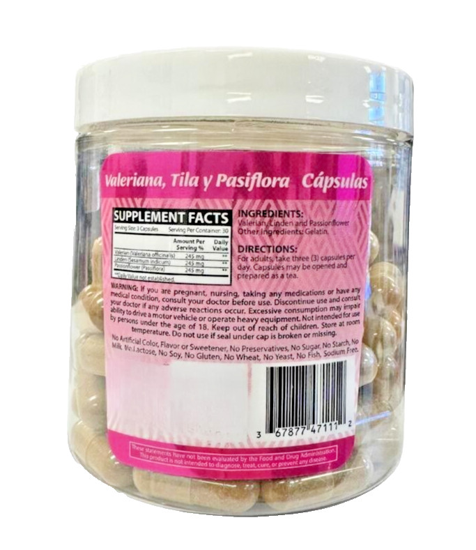 Valeriana(Valerian), Tila(Linden) Y Pasiflora(Passionflower) 90 Capsules 735mg