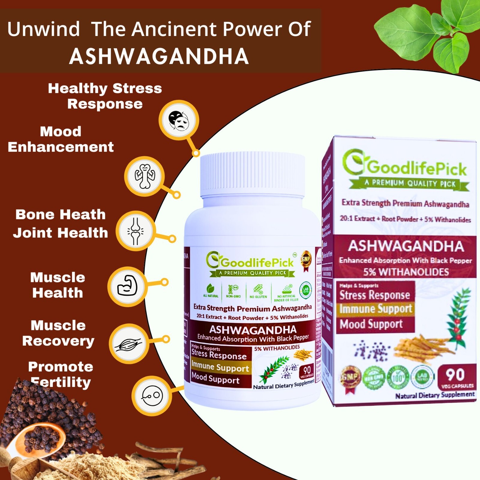Best Ashwagandha 12300 mg with 5% Withanolides Black Pepper 90 cap Max Benefits