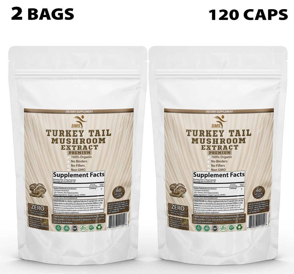 Turkey Tail Mushroom 50% Poly Extract Organic 120 Veggie Capsules Non GMO