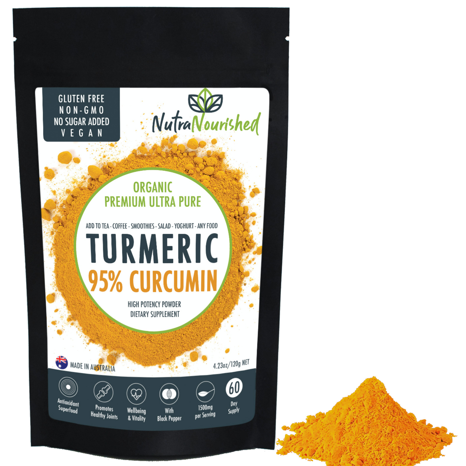 95% Pure Organic Curcumin Powder – 1500mg of Turmeric Extract Buffered