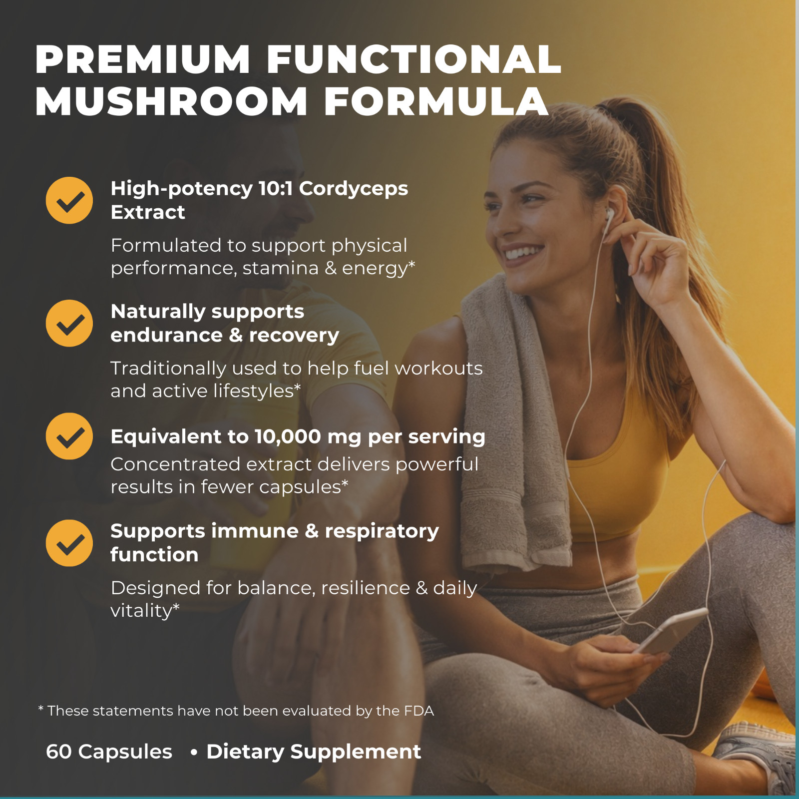 Grow Cordyceps Mushroom Extract Capsules 10:1 | Energy Endurance | 60 Ct