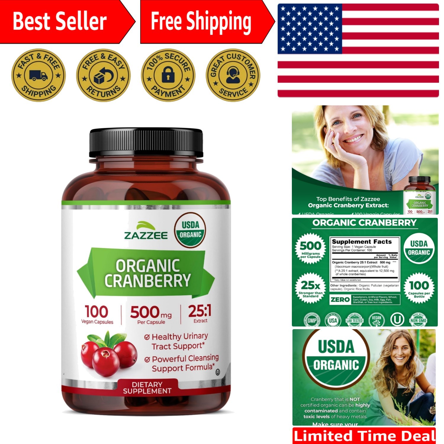 Potent 25:1 USDA Organic Cranberry Capsules, 500 mg, 100 Count for Energy Boost