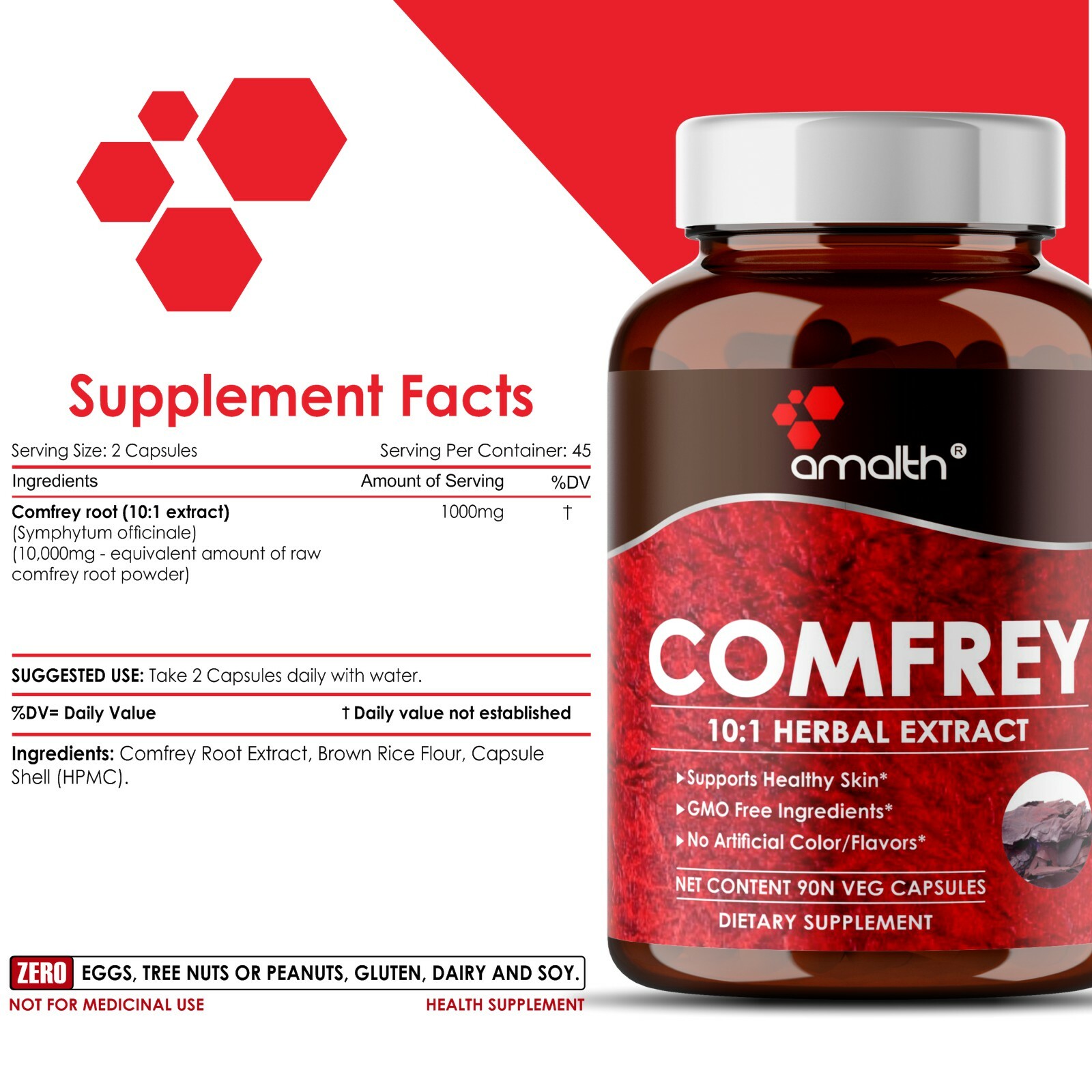 Comfrey Root Extract Symphytum 10000mg Capsules – 90 Pills – Healthy Skin