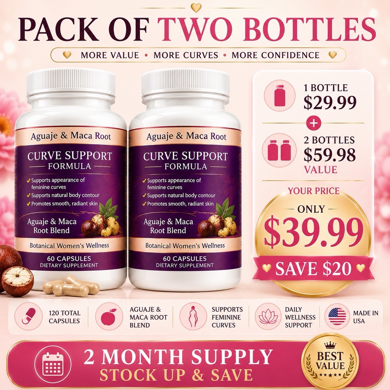 Aguaje & Maca Root Capsules – Curve Support Supplement 7 Days Results Pack of 2
