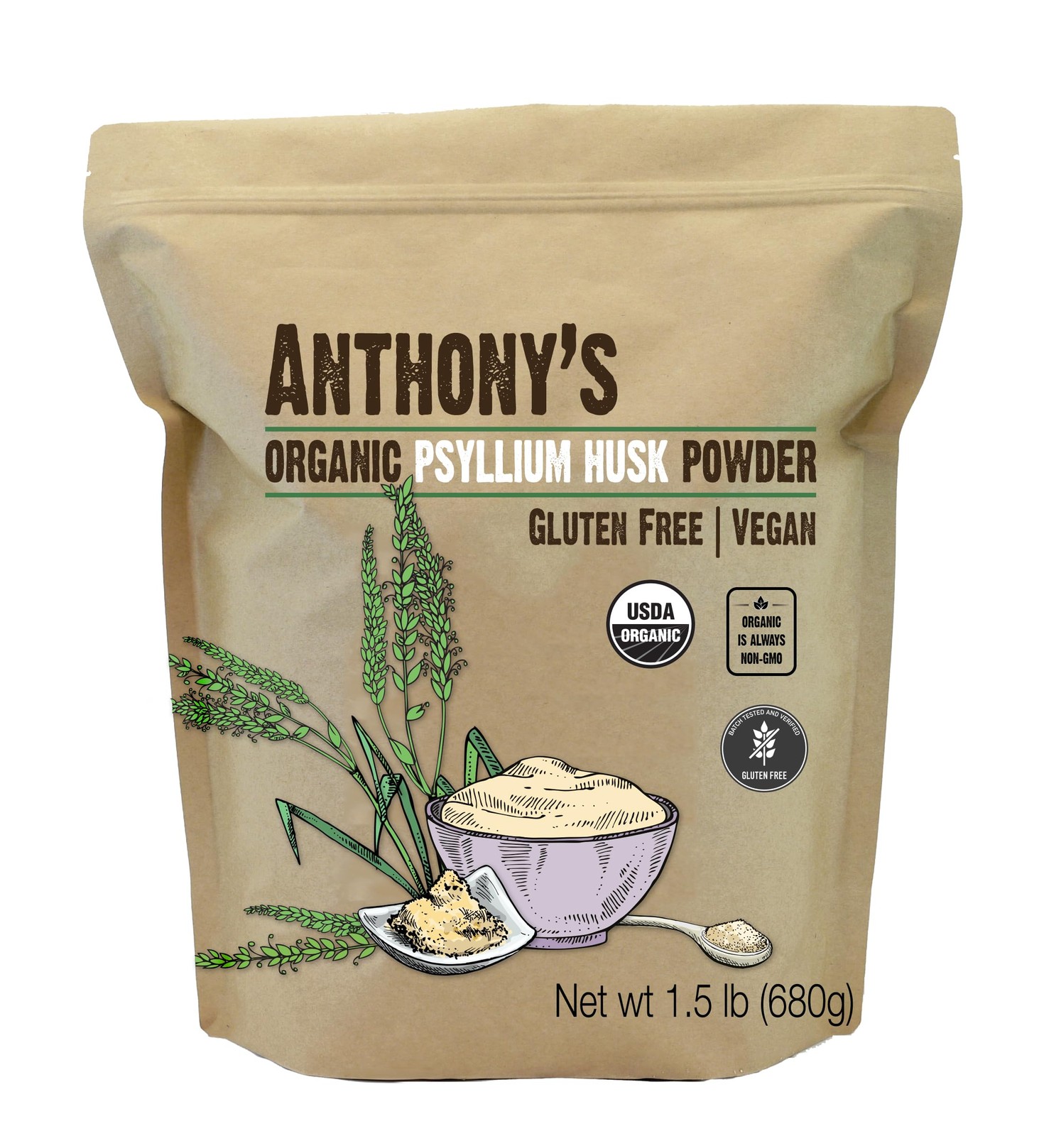 Anthony’s Organic Psyllium Husk Powder, 1.5 lb, Pound (Pack of 1), 0