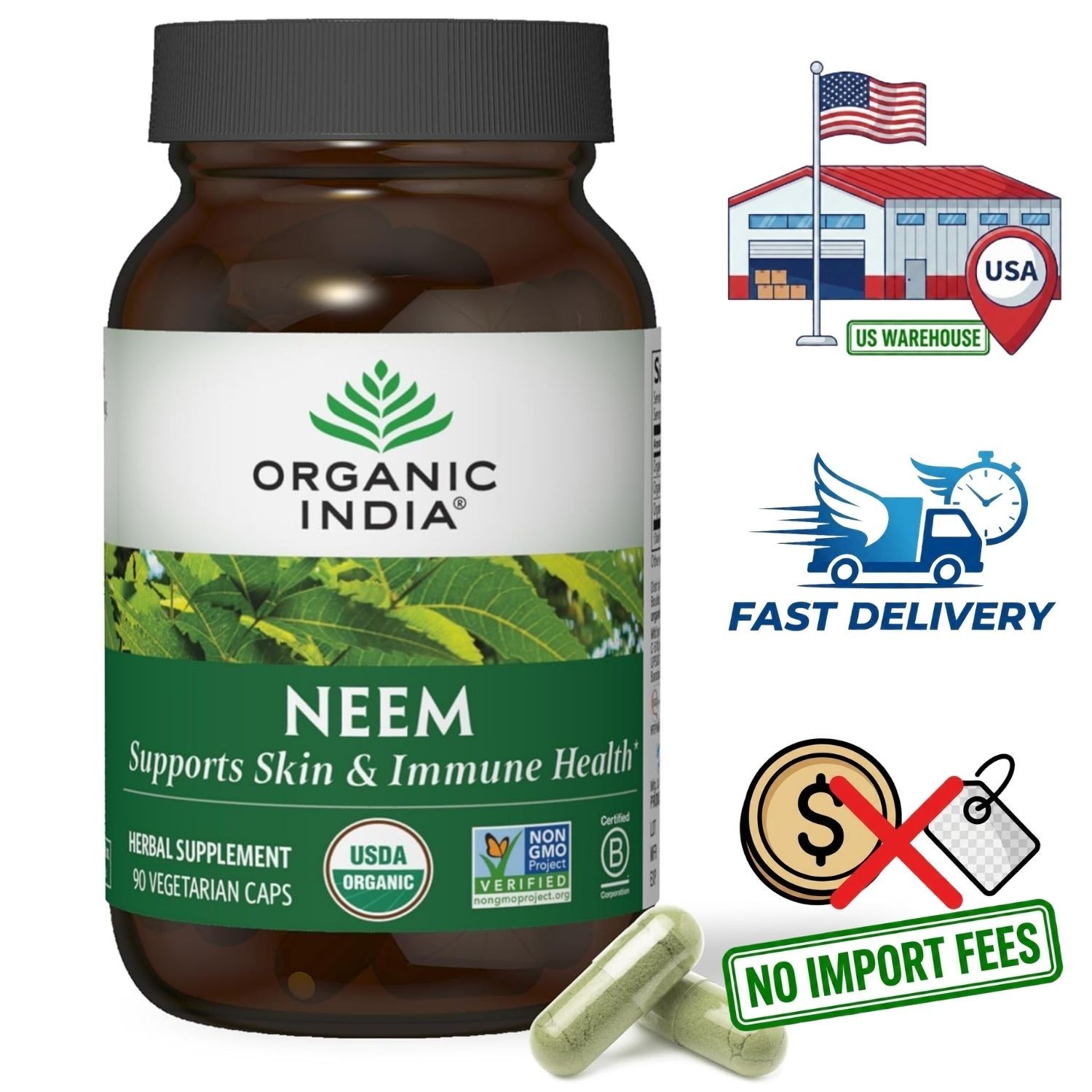 Neem Orgánico (Azadirachta Indica) | 90 Cápsulas | Suministro para 45 Días