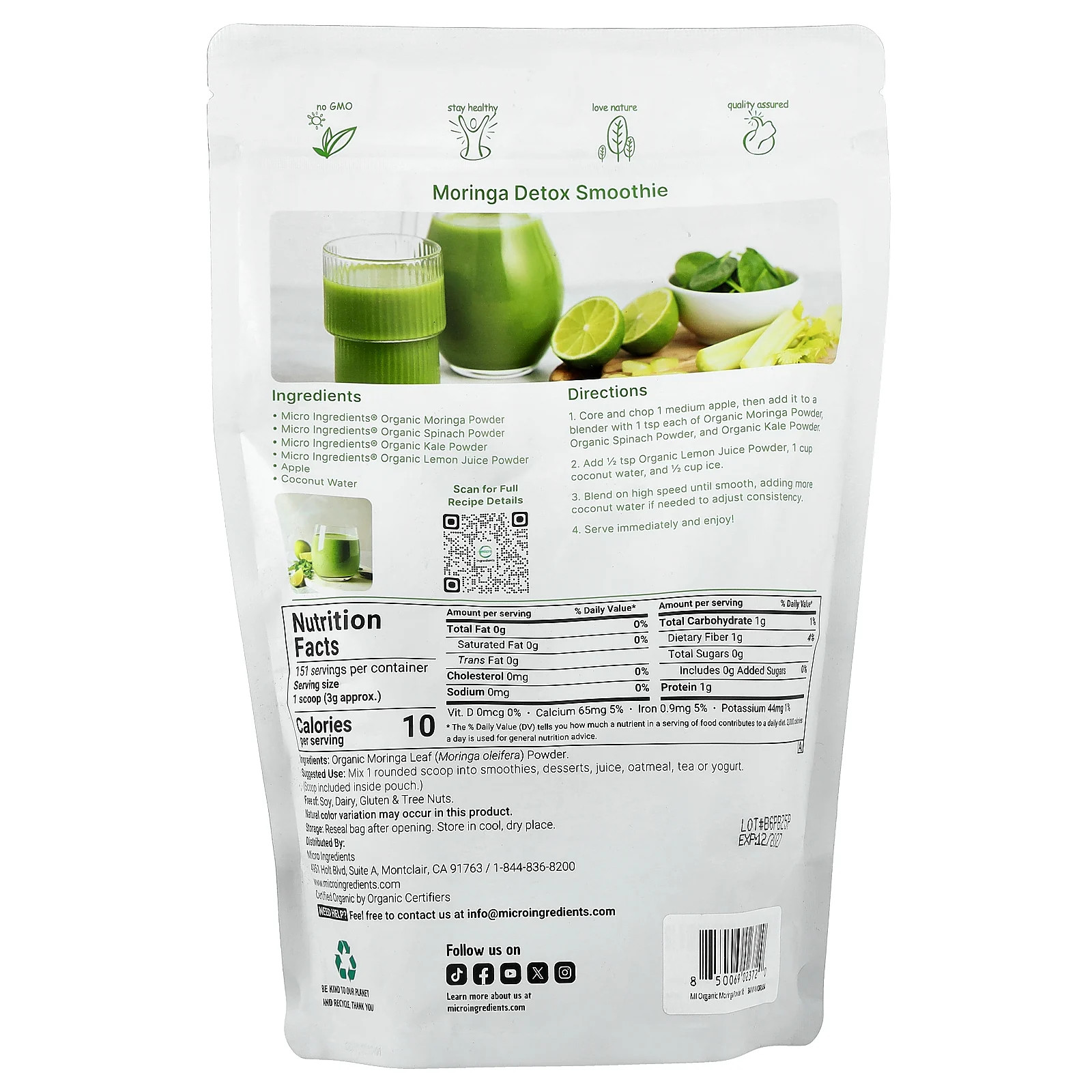 Organic Moringa Powder, 1 lb (454 g)
