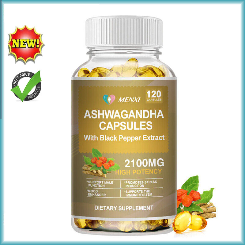 Organic Ashwagandha Capsules 2100 MG with Black Pepper Root Powder 120 Capsules