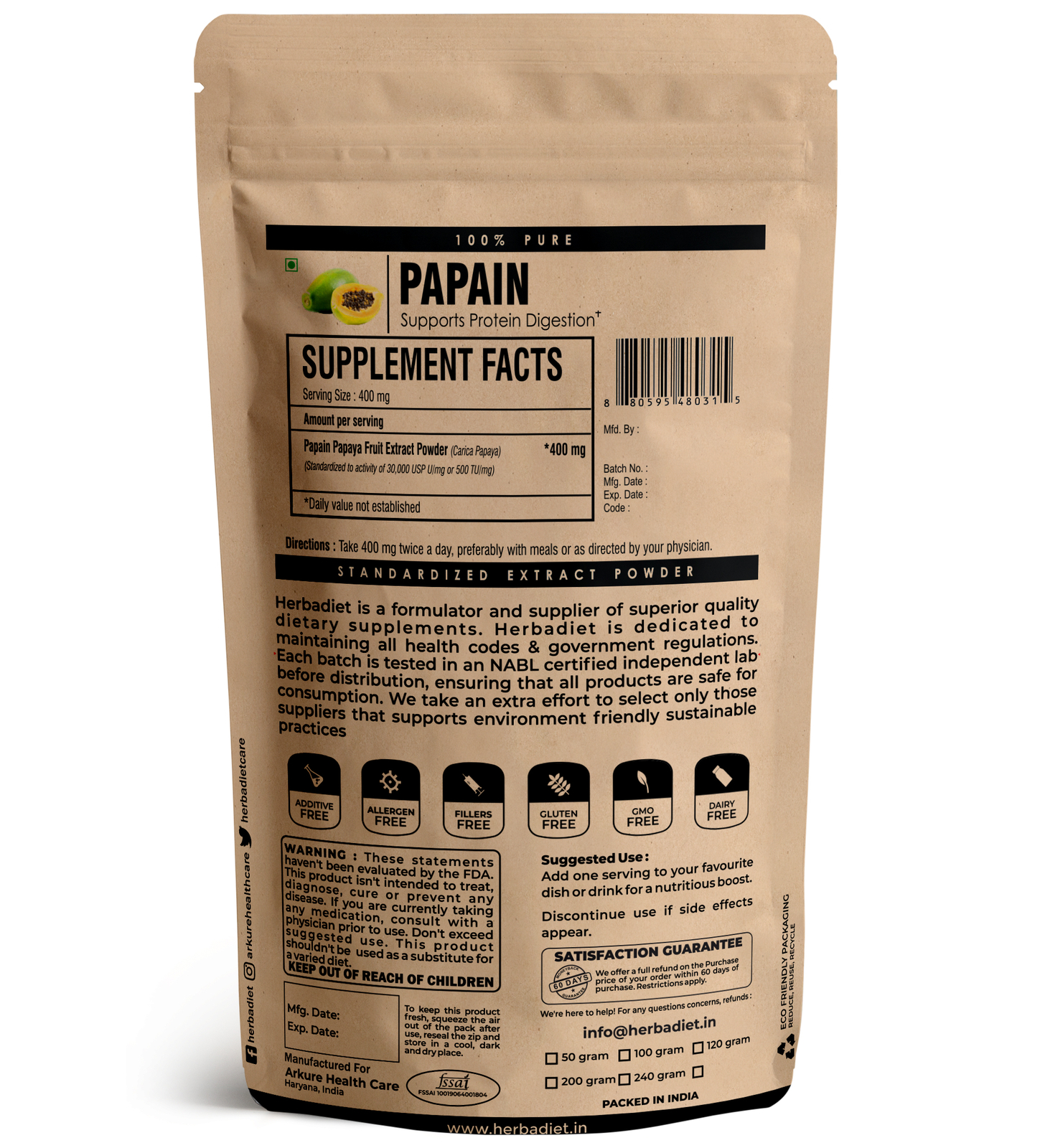 Papain 800 TU/mg Extract Powder HIGH POTENCY Powerful Digestive Enzyme Papaya