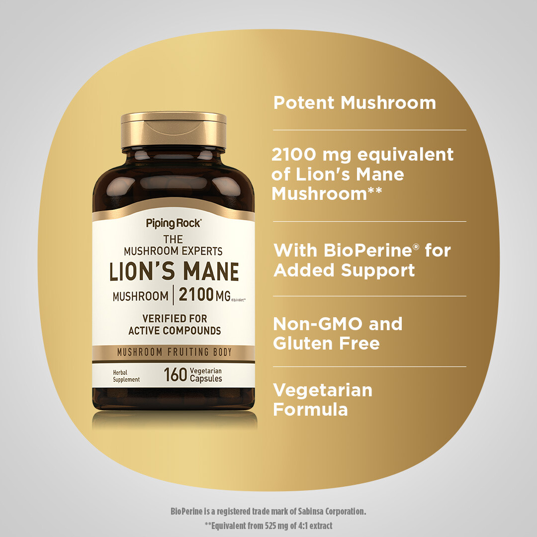 Lions Mane Supplement Capsules | 2100mg | 160 Count | Non-GMO | by Piping Rock