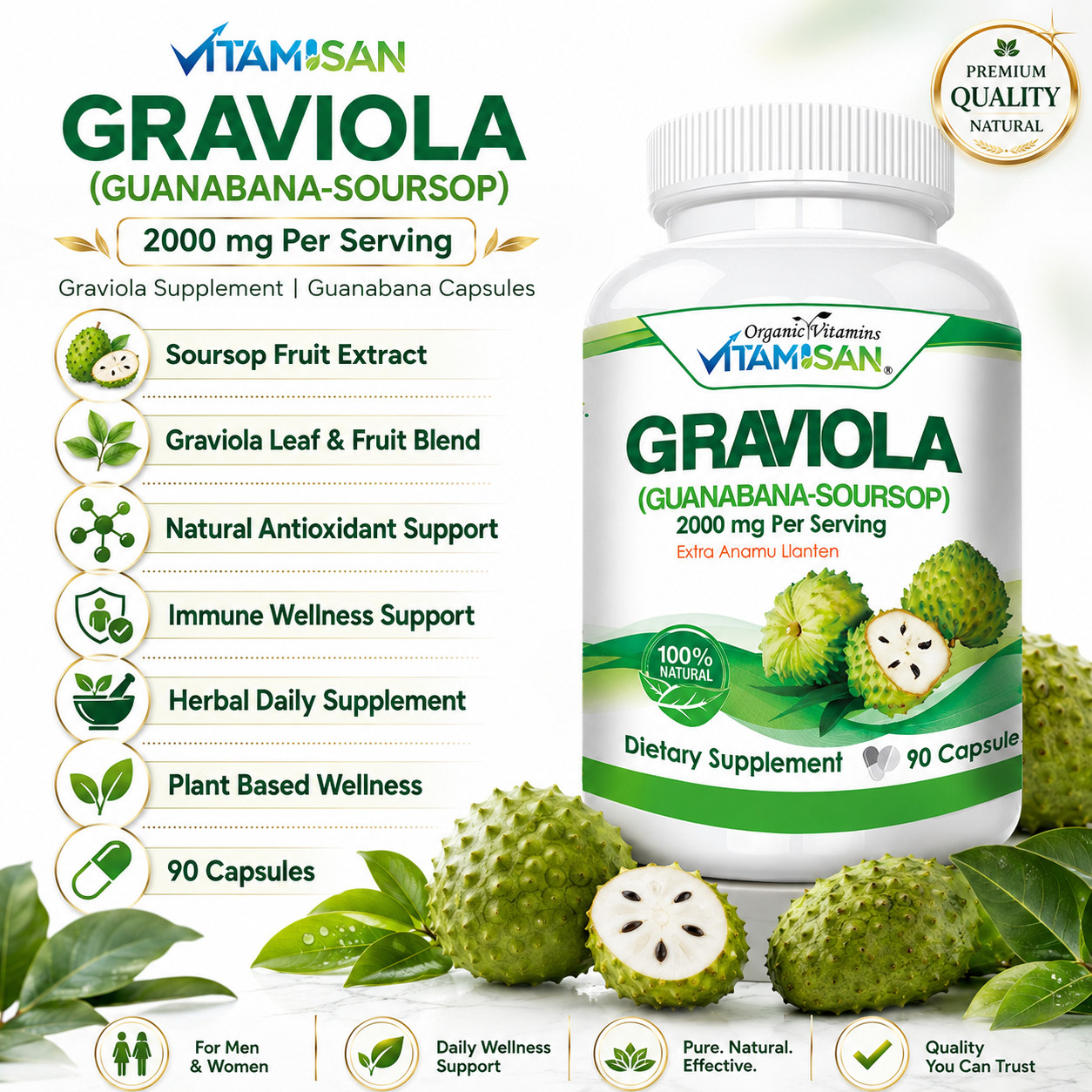 Soursop Graviola 2000 mg x/serving 360 Capsules Guanabana 6 Month supply Annona