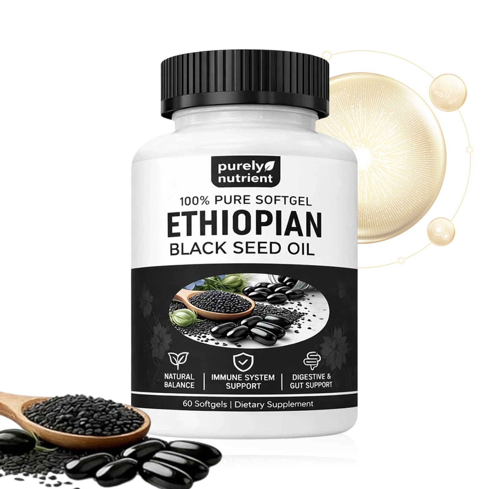 2 Bottles 60ct Ethiopian Black Seed Oil Softgels,4.64% Thymoquinone, Gluten Free