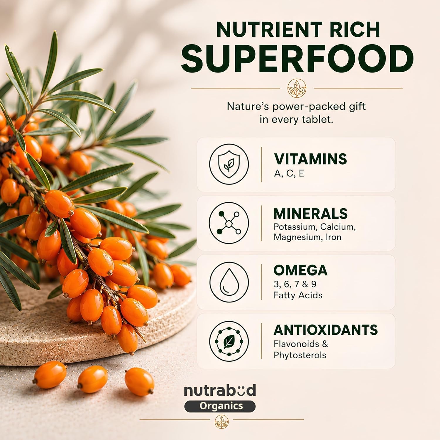 2 Pack Nutrabud Organics Sea Buckthorn Berry Powder 1000mg 120 Veg Tabs Omega 7