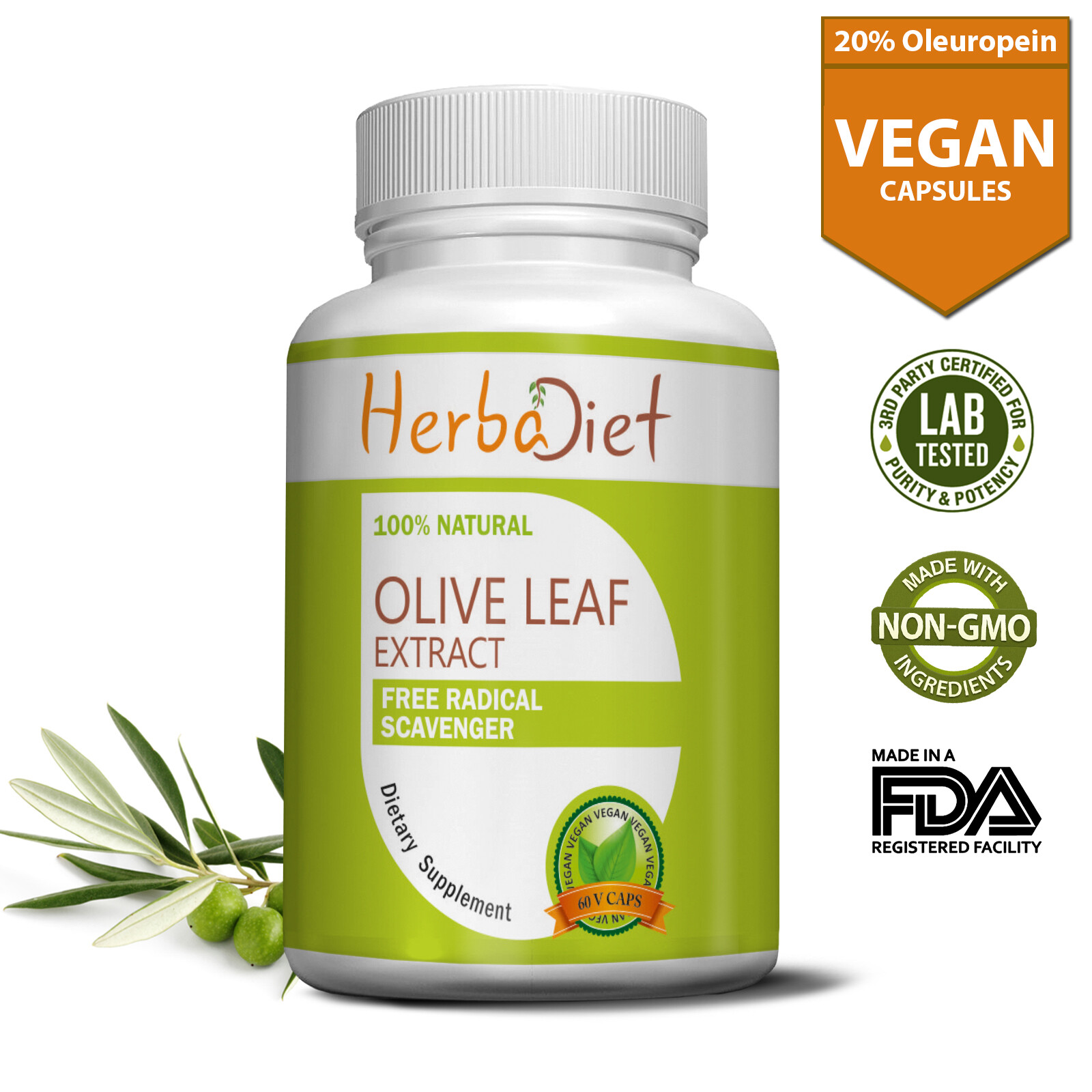 Olive Leaf Extract Capsules (10,000 mg eq) 20% Oleuropein Immune System Booster