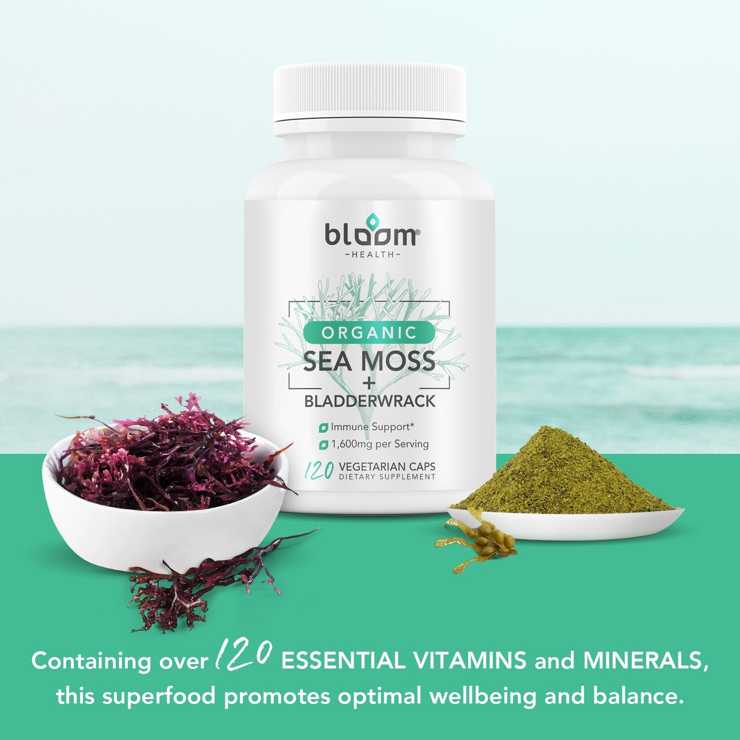 Organic Sea Moss: Thyroid & Liver Support, Detox Gut Health 120 Veg Caps, 1600mg