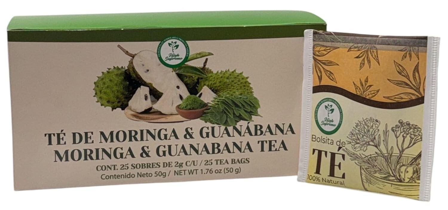 Moringa y guanabana te (té de moringa y guanábana) 25 bolsitas de té, veganas,
