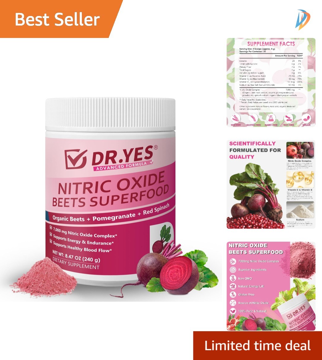 DR.YES Organic Beet Root Powder – Energy, Endurance & Heart Support 240g