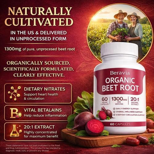 Beravia Organic Beet Root Capsules, Purely Organic, Non-GMO 60-Counts