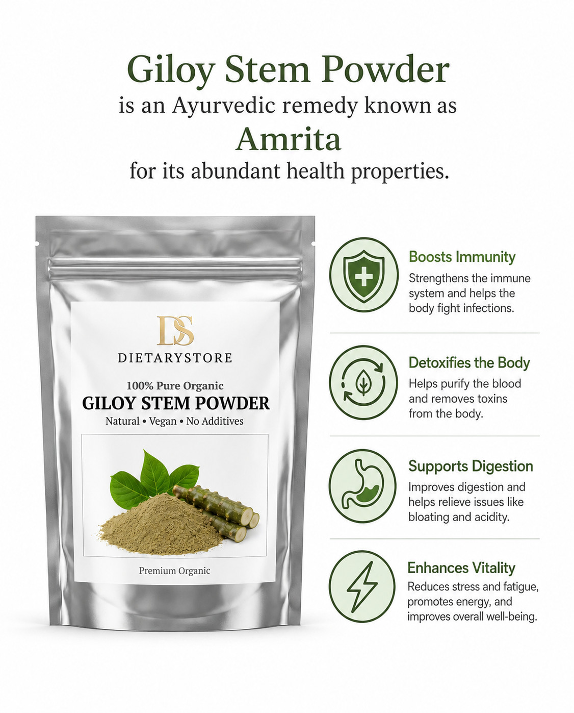 Organic Giloy Stem Powder Guduchi Herbal Supplement Tinospora Cordifolia