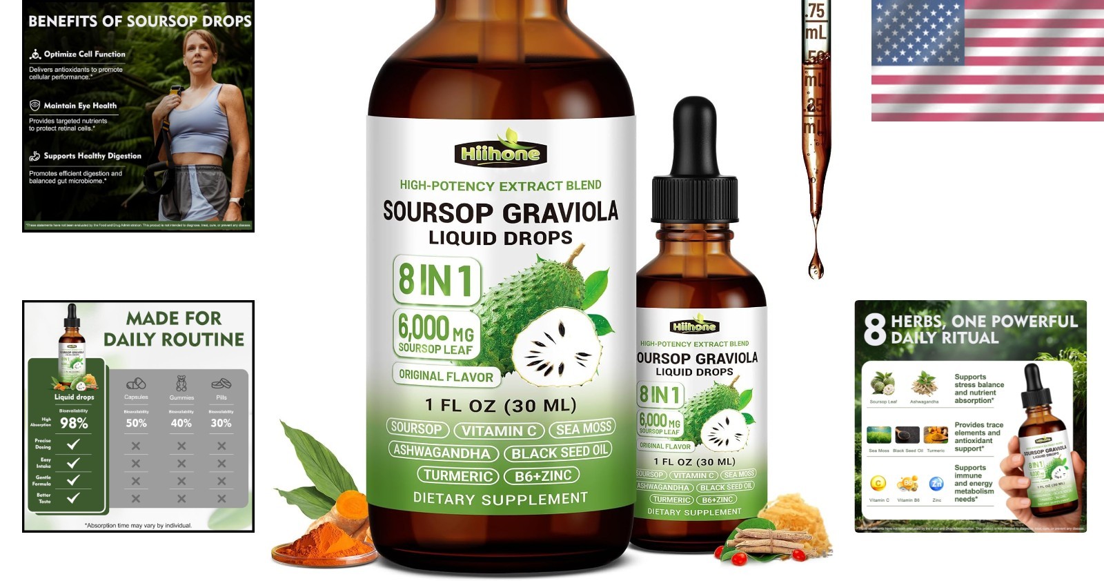 Nourishing 8 in 1 Graviola Soursop Liquid with Turmeric & Ashwagandha – 1 Fl Oz