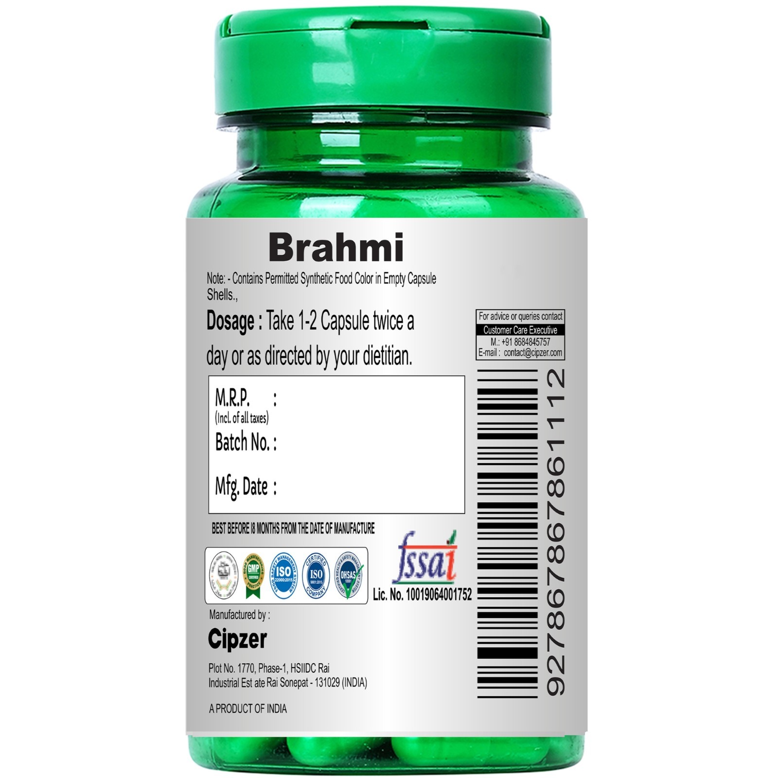 Cipzer Brahmi 60 Capsule | Stress Reducer, Improve Mental Health, Better Sleep