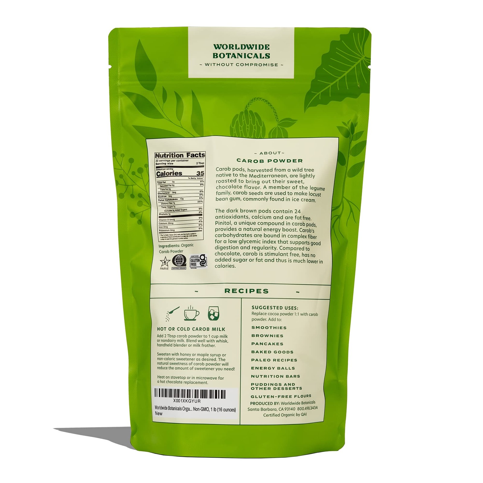 Organic Carob Powder, Medium Roast – 1 Lb – Caffeine Free Cocoa Alternative –