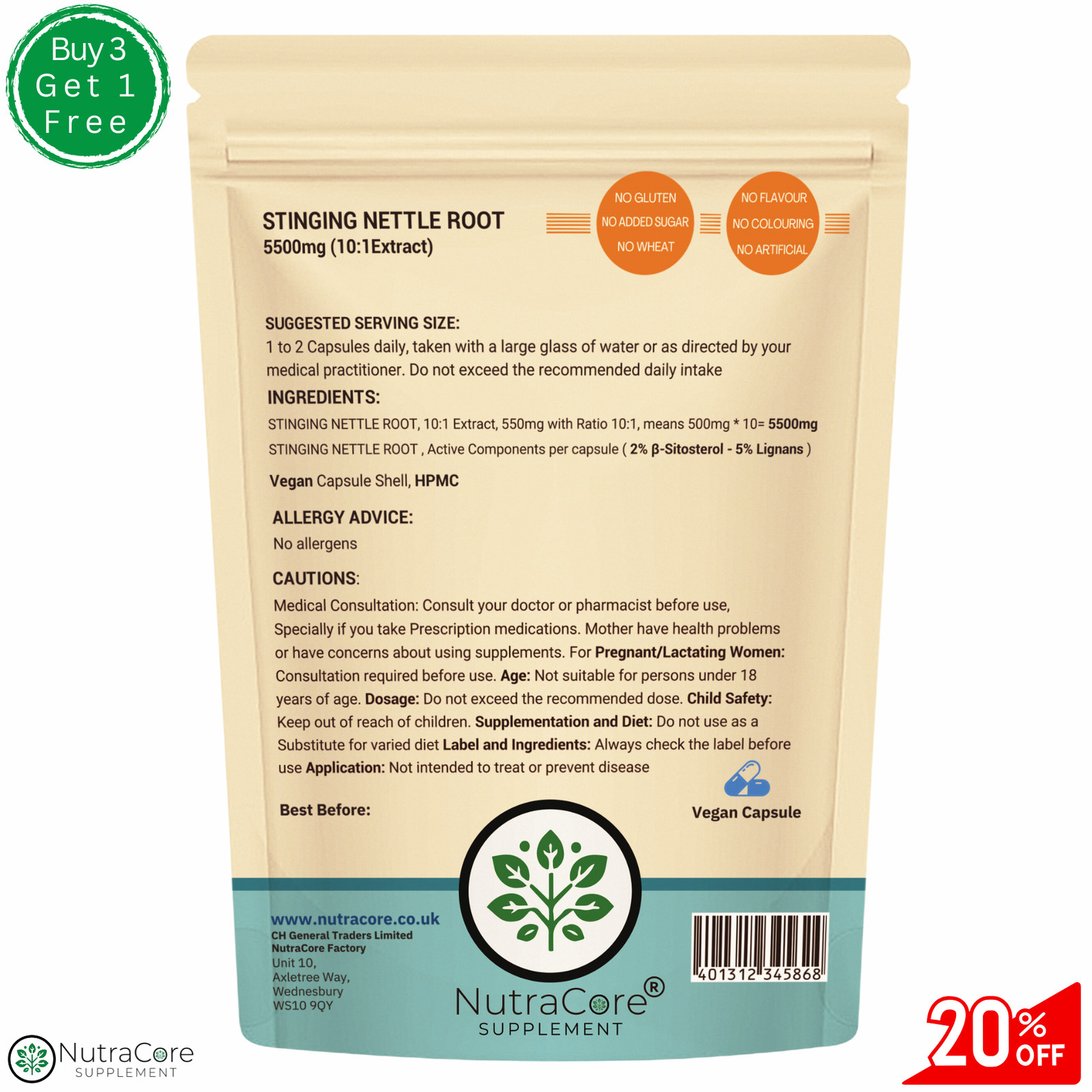 Stinging Nettle Root Caps 5500mg-(5% Lingnans&2% β-Sitosterol)-100%Vegan-180Caps