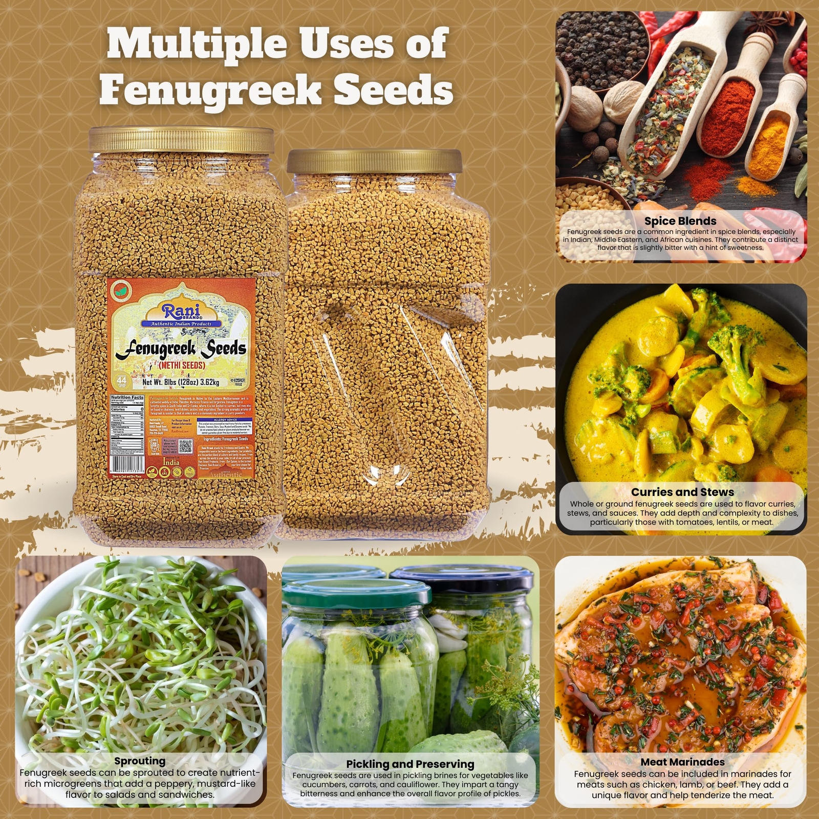 Rani Fenugreek (Methi) Seeds Whole 8lbs (128oz) 3.62kg Bulk PET Jar
