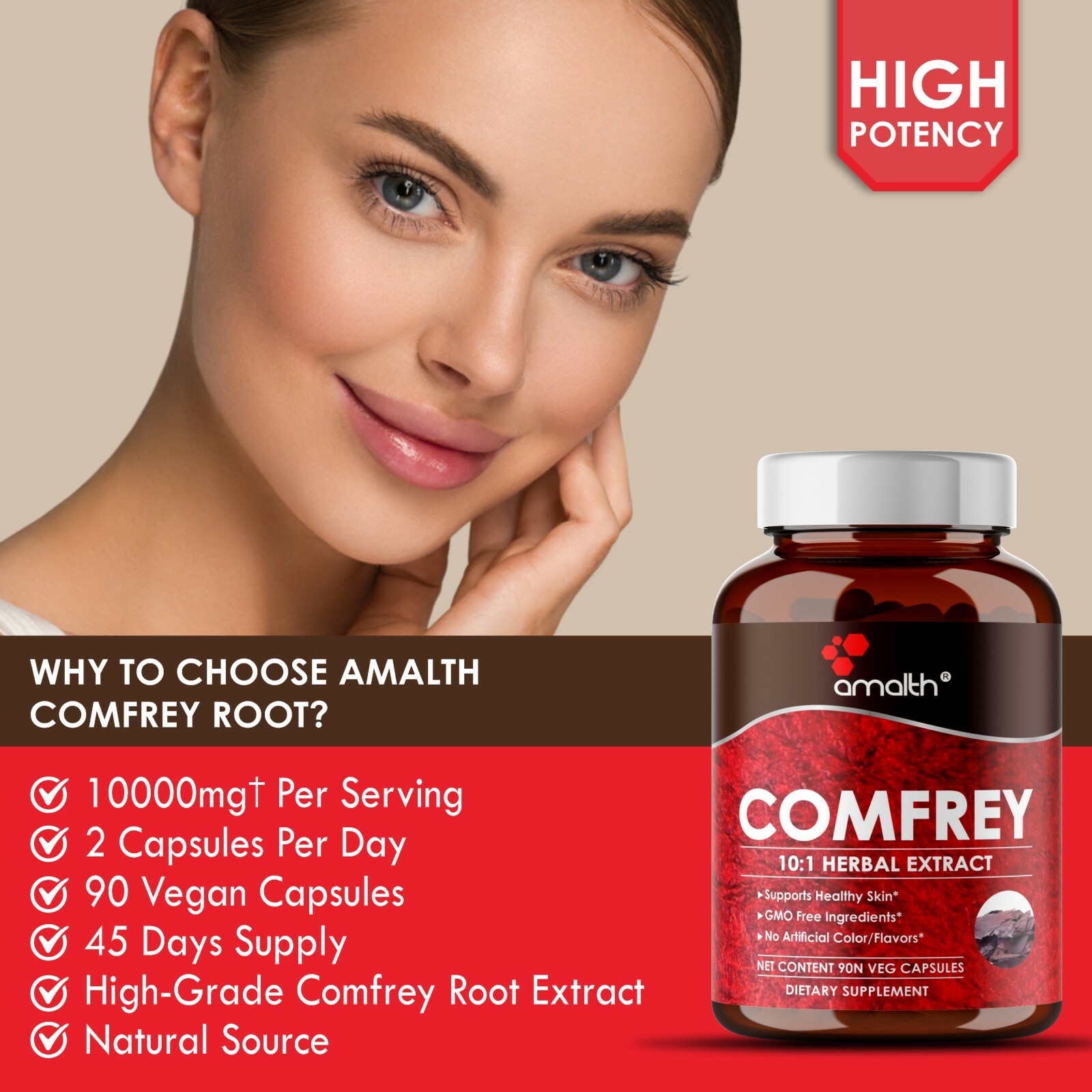 Comfrey Root Extract Symphytum 10000mg Capsules – 90 Pills – Healthy Skin