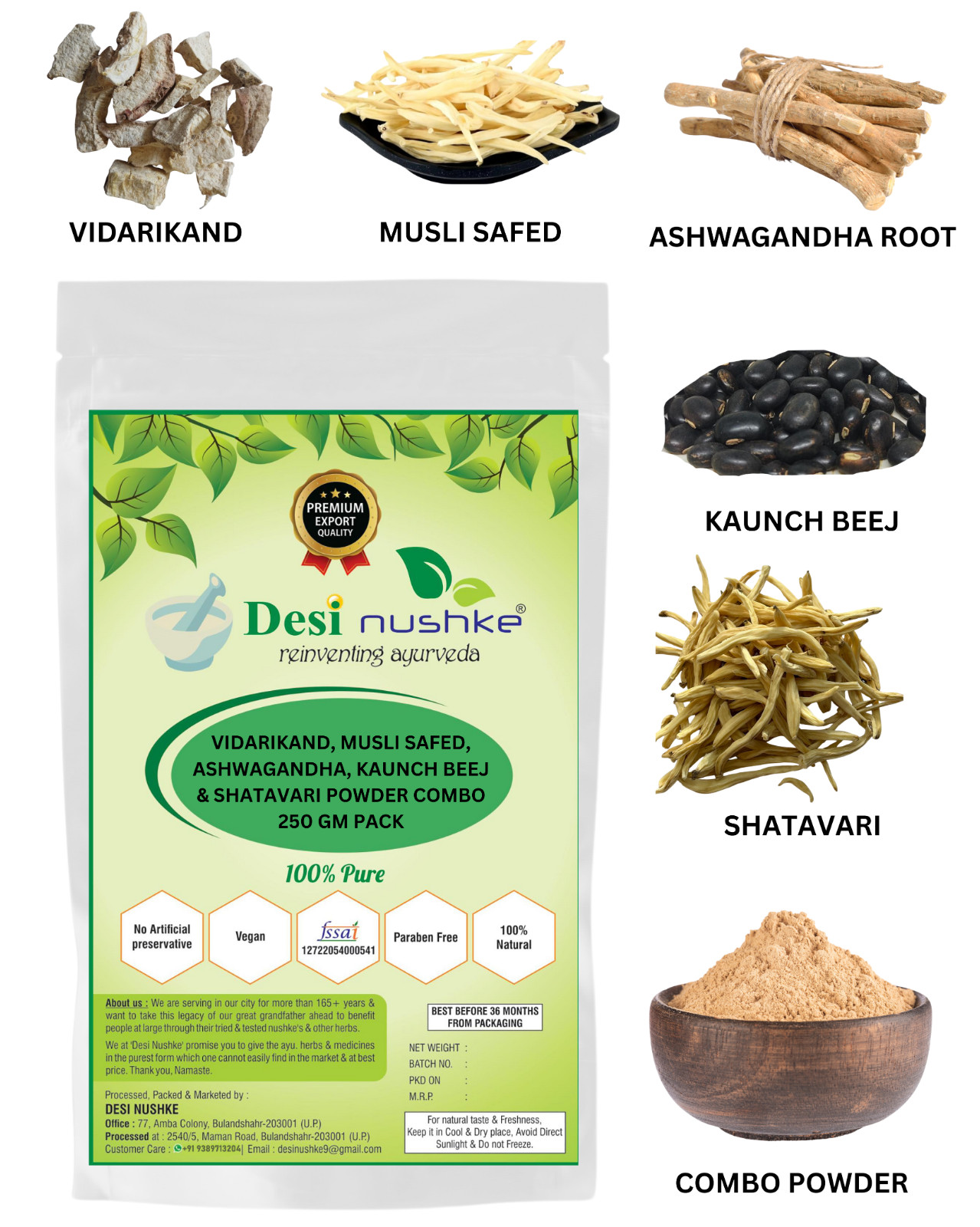 Ashwagandha Musli Shatavari Kaunch Vidarikand Herbal Powder Combo 250g