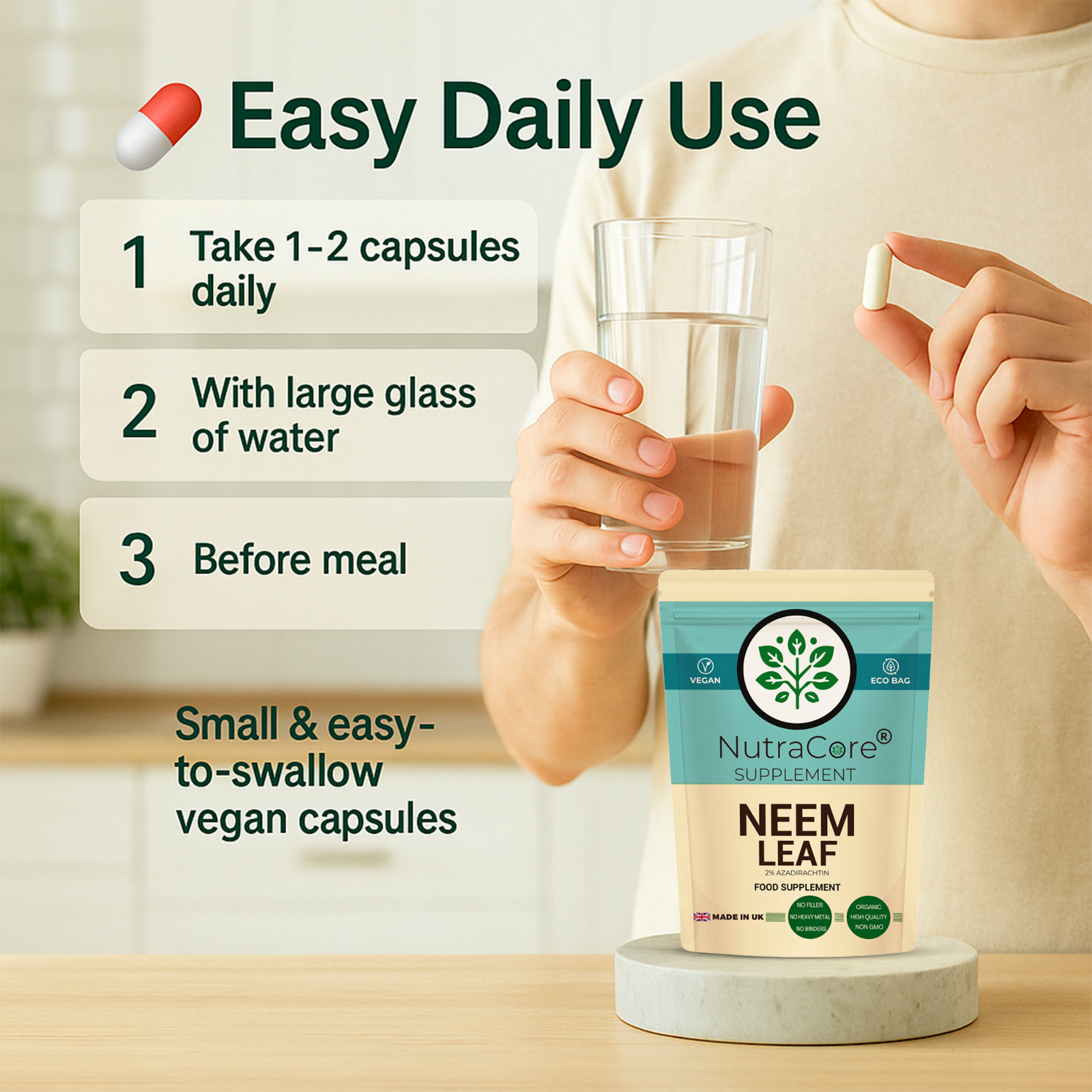 NEEM LEAF 5500mg Capsules, (2%Azadirachtin) 100% Organic-Detox Immune Support