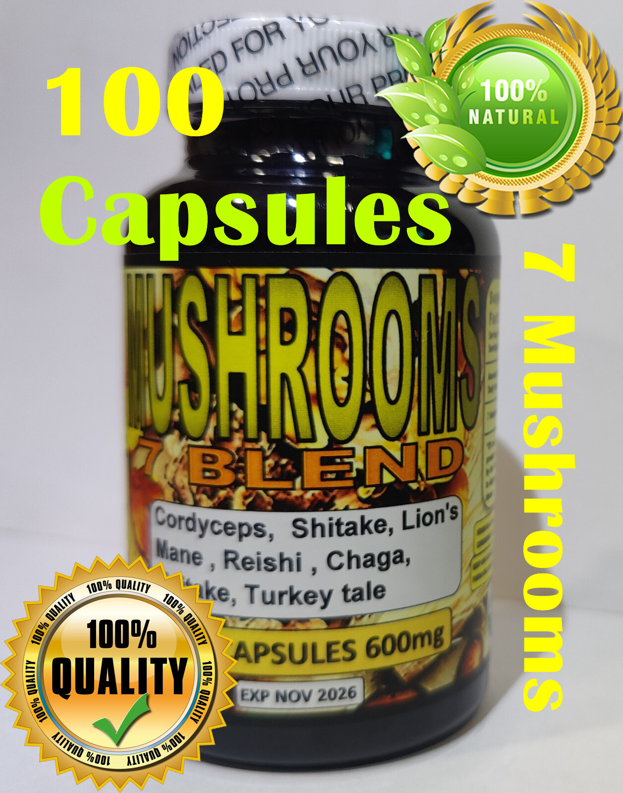 7 Mushrooms Blend 100 Capsules Lion’s Mane, Cordyceps, Reishi, Chaga, Maitake
